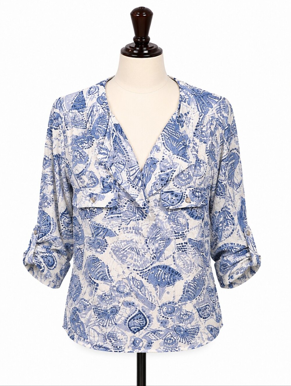 Shol Los Angeles Blue & White Knit Shell Print Popover Top Sz 1X Beach Vacation